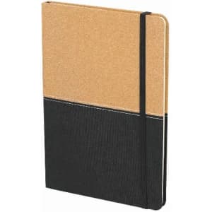 A notebook featuring a cork cover in brown and a black textured bottom section, secured with an elastic band.