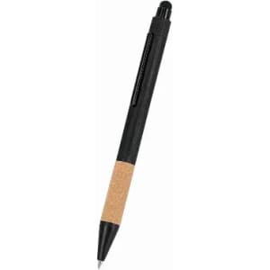 A black pen with a cork grip and a click mechanism, featuring a sleek design and a subtle logo.