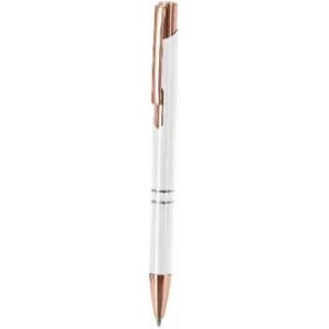 A pen with a white body and a rose gold clip, featuring a sleek design and a glossy finish.