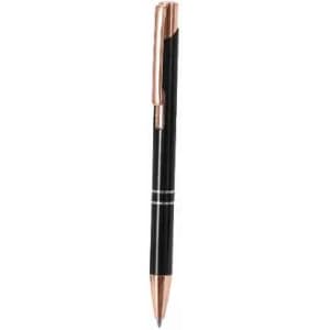 A ballpoint pen with a black barrel and rose gold accents, featuring a clip and a logo.