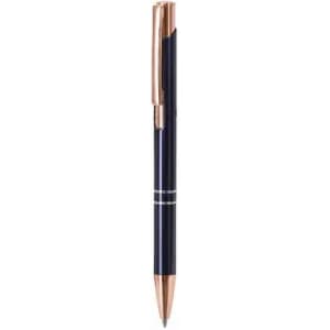 A drink bottle in navy blue with rose gold accents and a sleek design, featuring a branding logo.