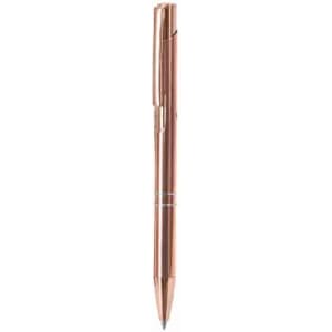 A pen in a metallic rose gold finish with a sleek design, featuring a clip and a visible tip.
