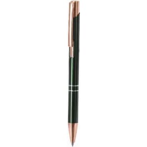A pen featuring a green barrel with rose gold accents and a clip, showcasing a sleek design.