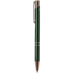 A green pen with a silver clip and detailing, featuring a glossy finish and logo branding.