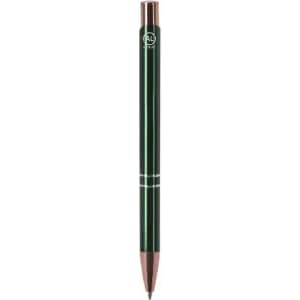 A green pen with a metallic finish and rose gold accents, featuring a logo on the upper part.