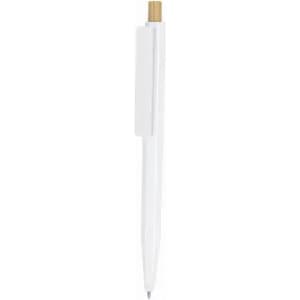 A white ballpoint pen with a gold-toned tip and clip. The pen has a sleek, minimalist design.