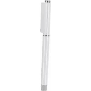 A white pen with a silver clip. The pen features a sleek, minimalist design.