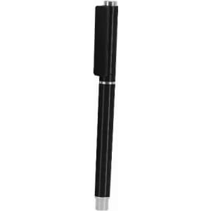 A black pen with a clip and a sleek design, featuring a silver accent near the bottom.