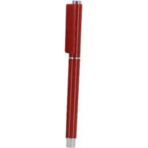 A red pen with a silver clip and cap, designed for smooth writing. Features a simple, sleek design.