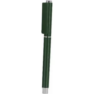 A green pen with a clip and a sleek design, featuring a silver accent at the base. It has a branding logo.