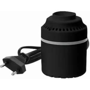 A black electric device with a power plug and cylindrical shape, featuring ventilation slits and a silver band.