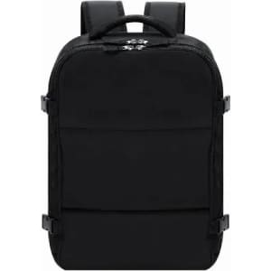 A backpack in solid black, featuring adjustable shoulder straps and side buckles. It includes a logo on the front.