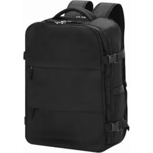 A backpack in solid black with multiple compartments and adjustable straps, featuring a logo on the front.