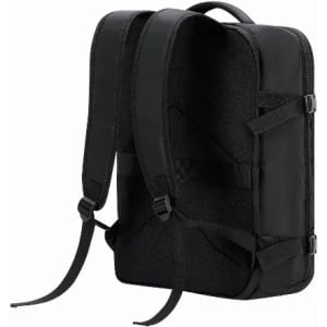 A black backpack with padded shoulder straps and a plain design. It has a top handle and adjustable side buckles.