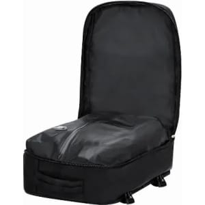 A black backpack with a zippered main compartment and a spacious interior, featuring a simple design and no visible branding.