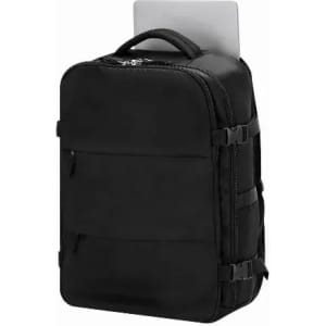 A black backpack with multiple compartments and straps, designed to hold a laptop. It has a sleek, minimalistic design.