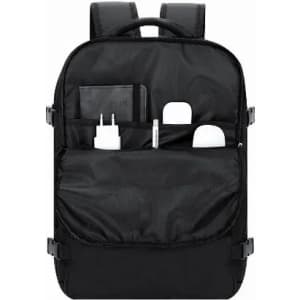 A black backpack featuring multiple compartments for storage, including space for a charger and other accessories.