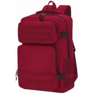 A red backpack featuring multiple compartments, zippers, and adjustable straps for carrying.