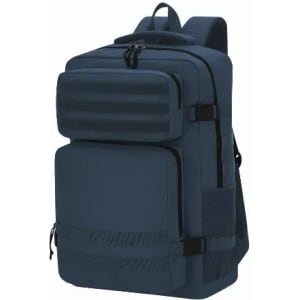 A dark blue backpack featuring multiple compartments, zippers, and a textured front panel. It has adjustable straps and a logo.