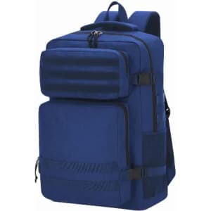 A backpack in navy blue with multiple compartments and adjustable straps, featuring a logo on the front.