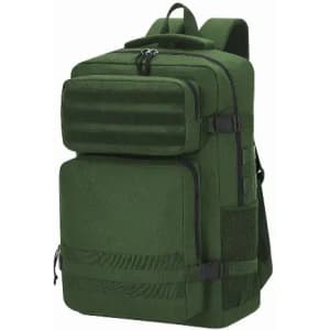 A green backpack featuring multiple compartments and mesh pockets, designed for rugged use. It has a sturdy build and padded straps.