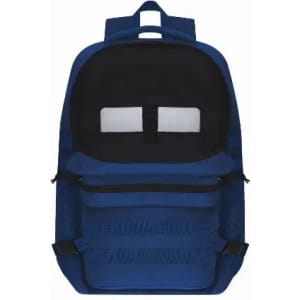 A backpack in navy blue with black accents, featuring multiple compartments and adjustable straps.