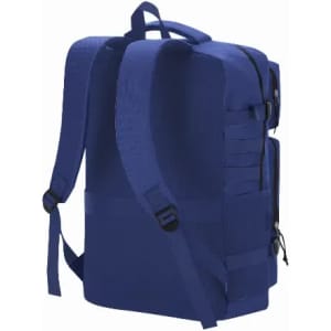 A backpack in navy blue with adjustable straps and multiple compartments. It features a sleek design and a logo.