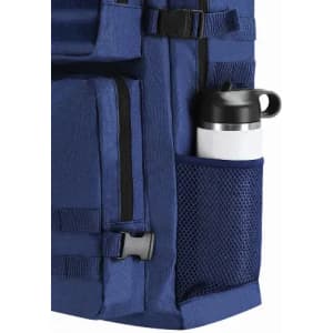 A blue backpack featuring a side mesh pocket with a white drink bottle and a black lid. The backpack has zippers and straps.