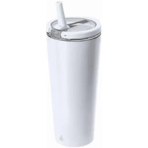 A drink bottle in white with a lid and a straw, featuring a logo on the base.