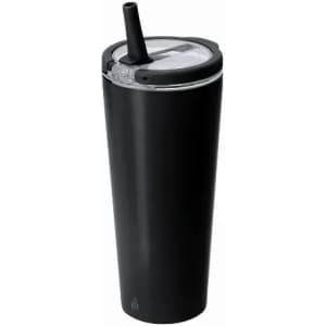 A drink bottle in matte black with a transparent top and a straw, featuring a logo on the surface.