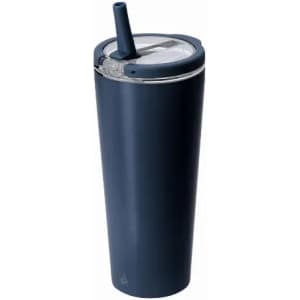 A drink bottle in navy blue with a straw, featuring a lid and a minimalist design. It has a logo on the side.