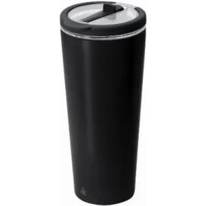 A drink bottle in sleek black with a clear lid, featuring a simple design and a branding logo.