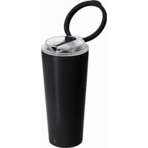 A drink bottle in black with a clear lid and straw, featuring a circular handle and a logo.
