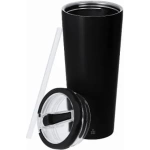 A drink bottle in matte black with a clear lid and a straw, featuring a logo on the side.