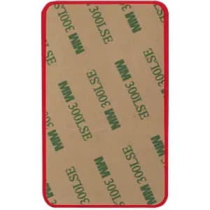 A promotional product with a red border and a brown background featuring repeated green text and a logo.