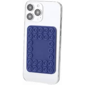 A phone case featuring a clear design with a blue textured panel for grip and support, along with a logo.