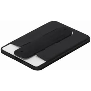 A black and white card holder with a sleek, minimalist design, featuring a black strap for secure closure.