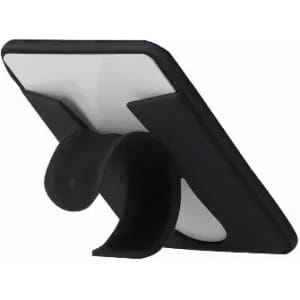 A phone stand in black, featuring a curved design for stability and support. It has a smooth, white backing.