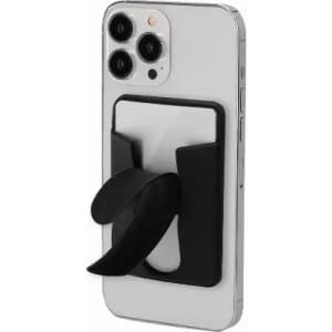 A phone with a black card holder attachment on the back, featuring a flexible grip. The phone is silver.