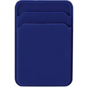 A cardholder in navy blue, featuring two slots for cards and a sleek design. It includes a logo on the front.