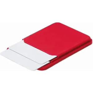 A red card holder with two white card slots, featuring a sleek, minimalist design. It has a logo on the front.