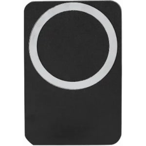 A black promotional product with a white circular design and a logo. The item features a sleek, modern shape.