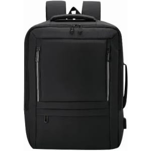 A black backpack with multiple zippered compartments and padded shoulder straps. It features a sleek, modern design.