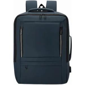 A backpack in dark blue with multiple zippered compartments and padded shoulder straps. It has a sleek design and a logo.