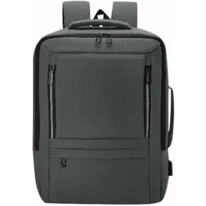 A backpack in dark grey featuring multiple zippered compartments and adjustable straps. It has a sleek, modern design.