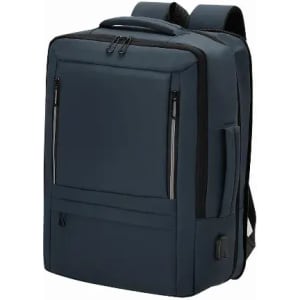 A backpack in dark navy blue featuring a zippered front pocket and adjustable shoulder straps.