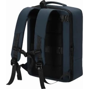A backpack in dark navy blue with adjustable straps and a top handle, featuring a sleek, minimalist design.