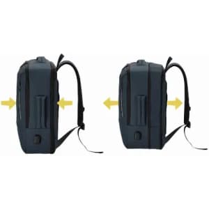 A backpack in dark grey with adjustable side compartments and padded shoulder straps. It has a logo on the front.
