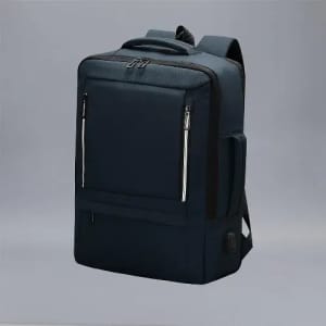 A dark navy backpack with multiple zippered compartments and padded shoulder straps. It has a logo on the front.