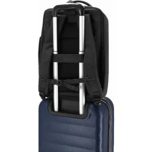 A black laptop bag is shown attached to a navy suitcase with a retractable handle. The bag features adjustable straps.